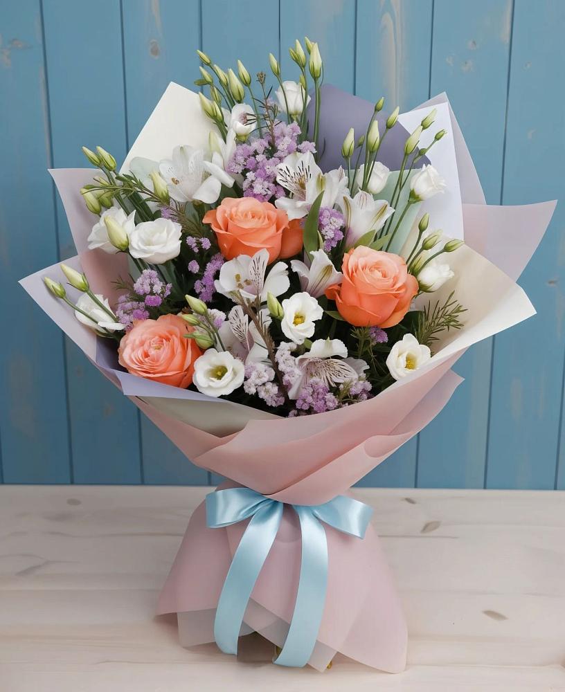 Букет цветов из: Лизиантусы, Розы, Альстромерии и Гипсофила в Шамхал-Термене